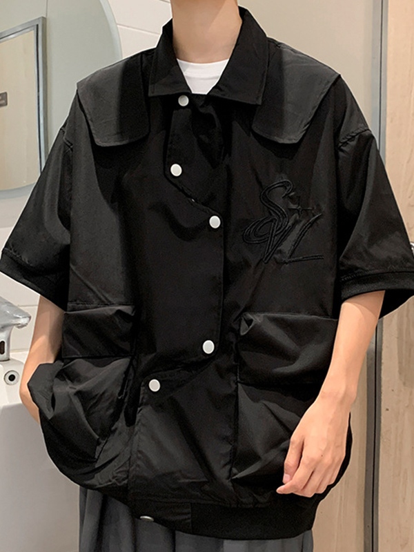 Herren-Bluse mit großen Taschen und Druckknöpfen, kurzärmelig, mit Stickerei-2