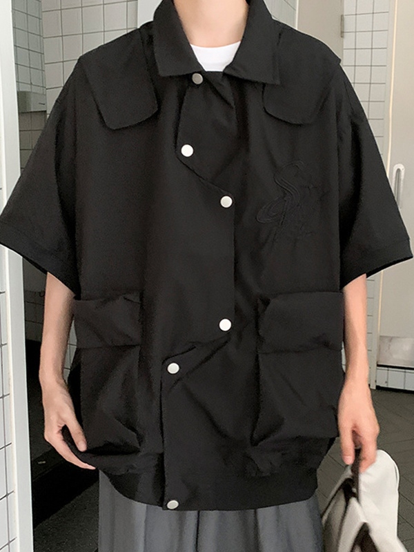 Herren-Bluse mit großen Taschen und Druckknöpfen, kurzärmelig, mit Stickerei-3