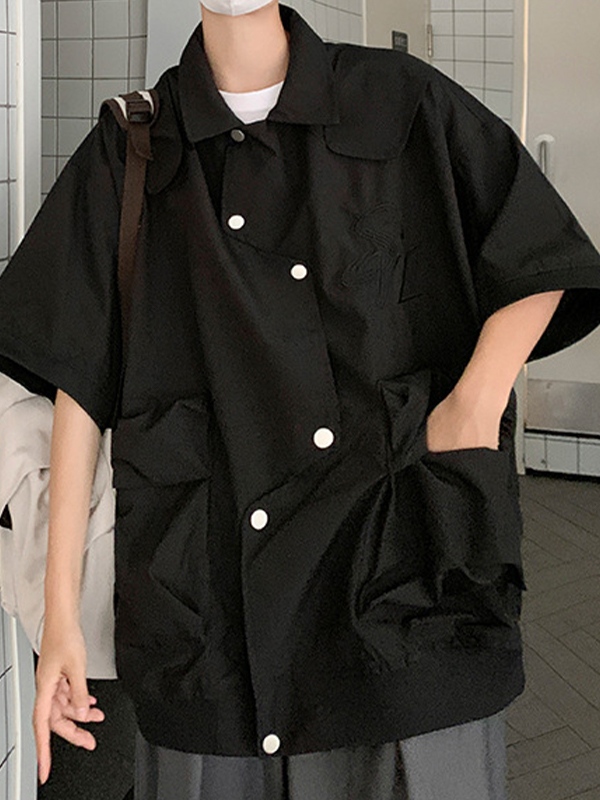 Herren-Bluse mit großen Taschen und Druckknöpfen, kurzärmelig, mit Stickerei-4