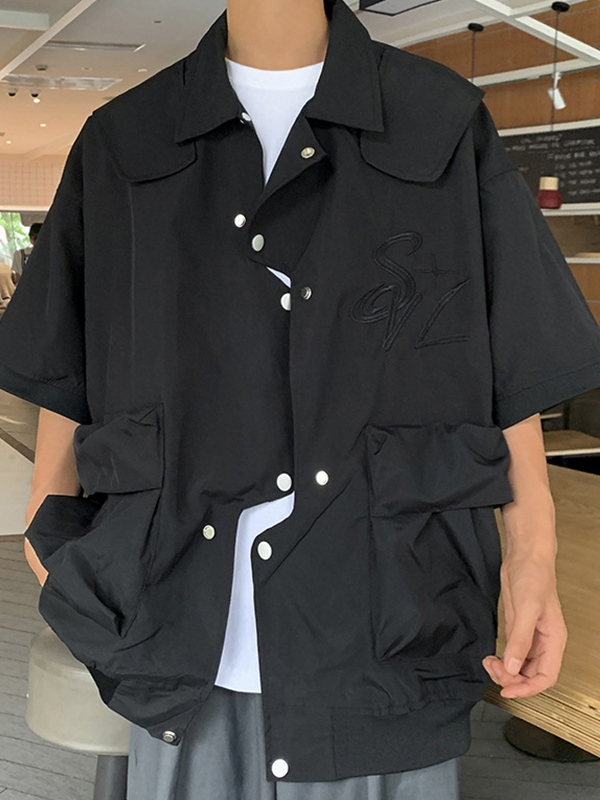 Herren-Bluse mit großen Taschen und Druckknöpfen, kurzärmelig, mit Stickerei-1