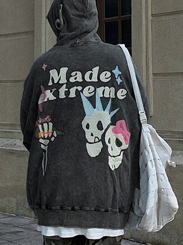 Übergroßer Hip-Pop-Kapuzenpullover mit Distressed-Skull-Print für Herren-0