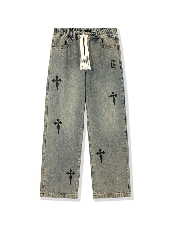Herrenhose mit geradem Bein und Kordelzug im Distressed-Cross-Print-4