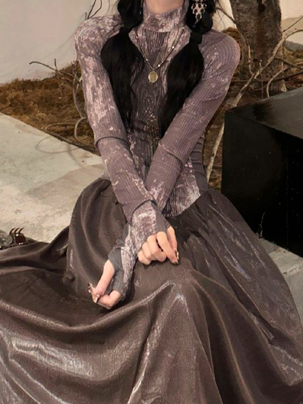 Langärmliges Maxikleid mit Spleißmuster und Stammesmuster-4