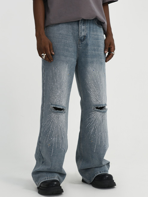 Zerrissene Jeans mit geradem Bein und Feuerwerk-Strassmuster für Herren-1