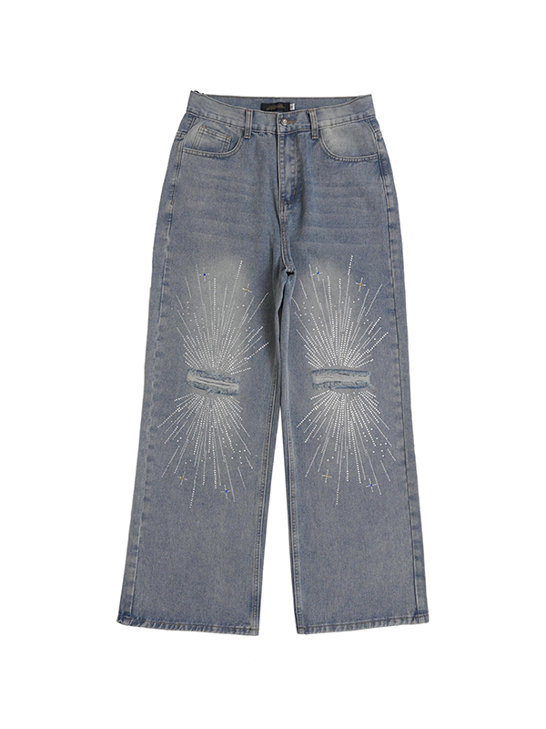 Zerrissene Jeans mit geradem Bein und Feuerwerk-Strassmuster für Herren-3