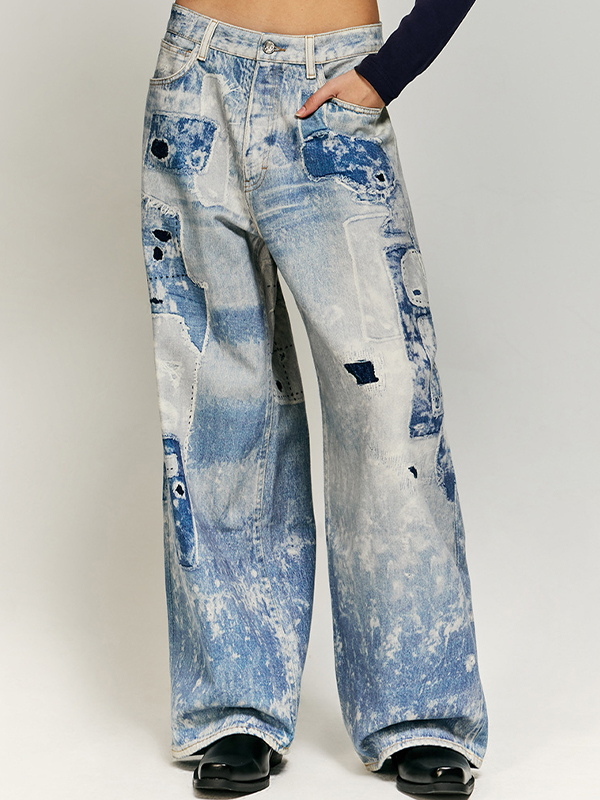 Blaue Jeans im Retro-Look mit Patchwork-Print-1