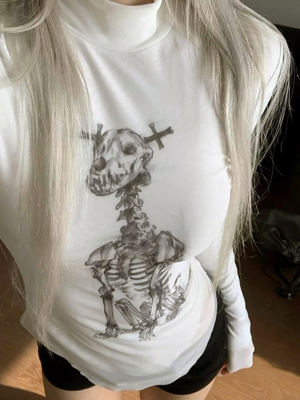Langarmshirt mit Mesh-Einsätzen und Totenkopf-Print-1