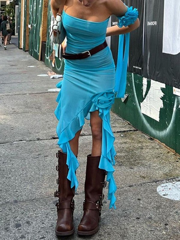 Asymmetrisches Bandeau-Maxikleid mit Rüschen-1