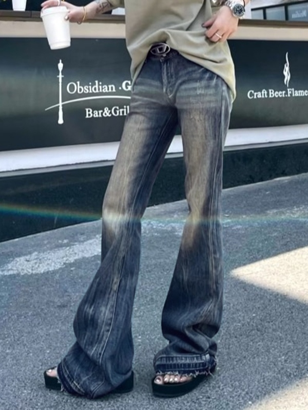 Vintage-Stickerei-Jeans mit niedrigem Bund und ungesäumtem Rand-1