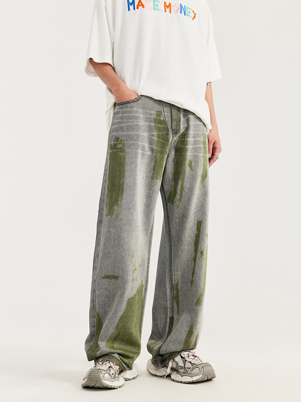 Lockere Jeans mit weitem Bein und handbemalten Kontrastfarben-4