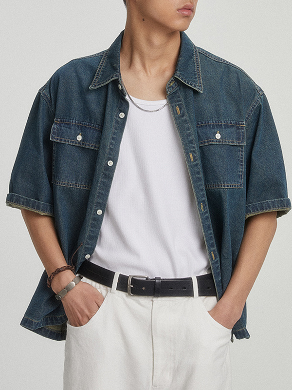 Retro-Arbeitskleidung aus Denim mit kurzen Ärmeln-3