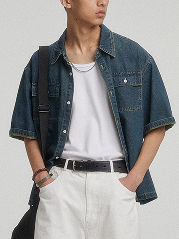 Retro-Arbeitskleidung aus Denim mit kurzen Ärmeln-2