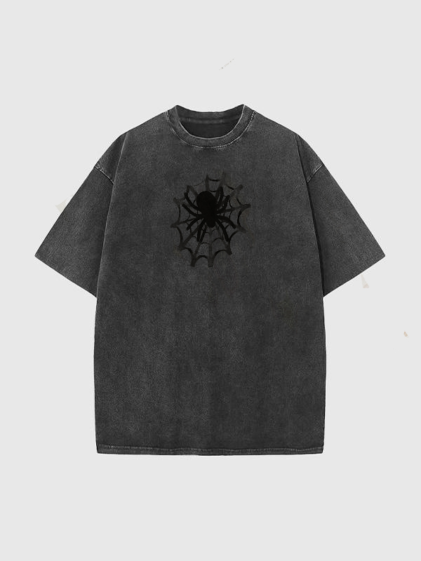 Übergroßes, gewaschenes Kurzarm-T-Shirt mit Spinnenmuster für Herren-3