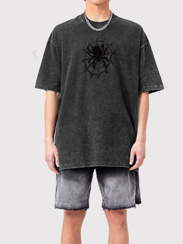 Übergroßes, gewaschenes Kurzarm-T-Shirt mit Spinnenmuster für Herren-1