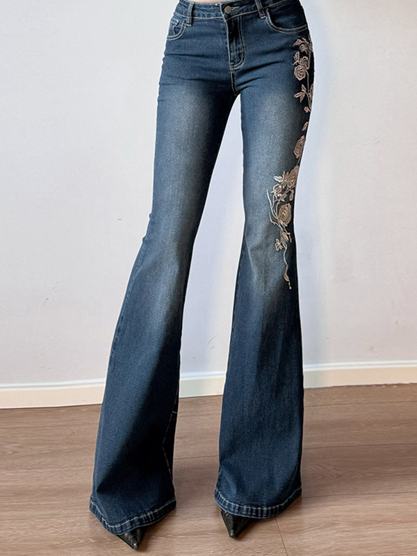 Vintage Schlagjeans mit Rosenstickerei und Farbverlauf-1