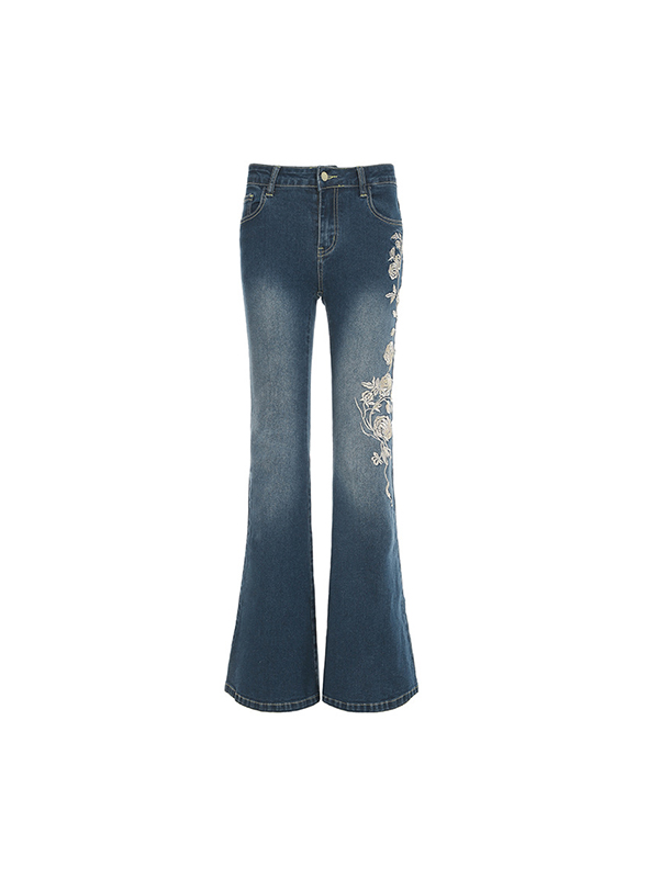 Vintage Schlagjeans mit Rosenstickerei und Farbverlauf-4