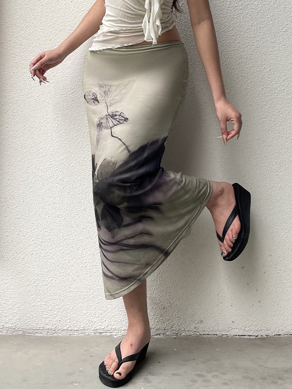 Maxirock im Retro-Stil mit Tintendruck im chinesischen Stil-1