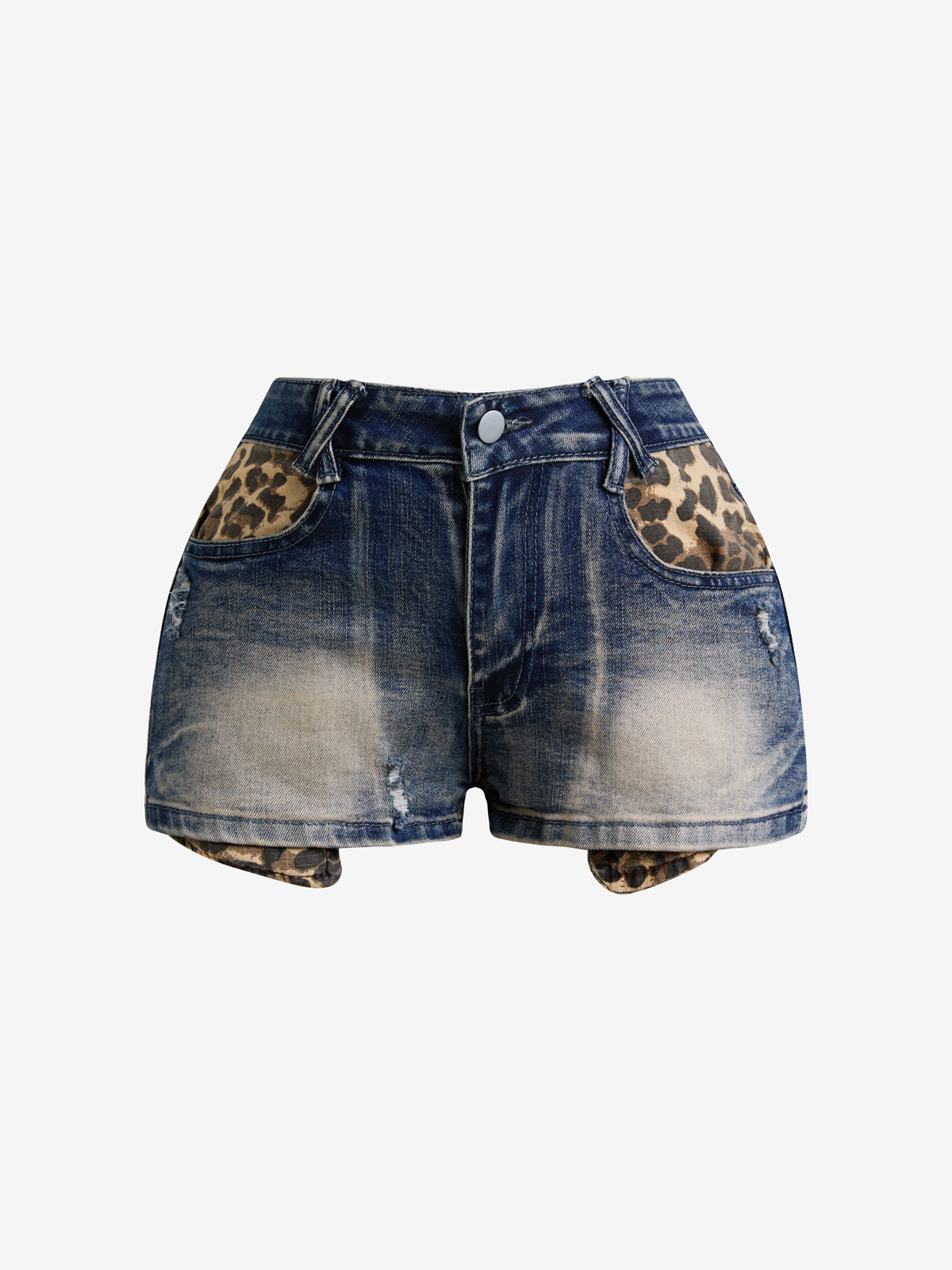 Schlankmachende Jeansshorts mit Leopardenmuster und Taschen-3