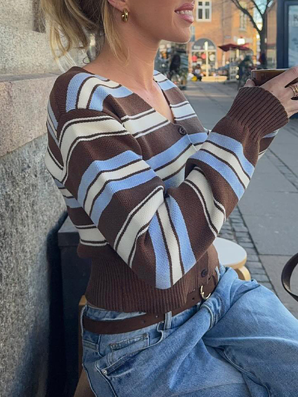 V-Ausschnitt Button-Down Freizeithemd Langarm-4