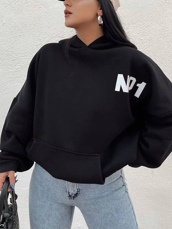 Kurzer, übergroßer Kapuzenpullover mit Buchstaben-Print-1