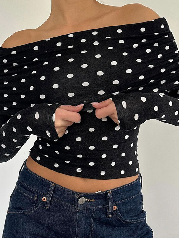Langarm-T-Shirt mit One-Shoulder-Polka-Dot-Muster-2
