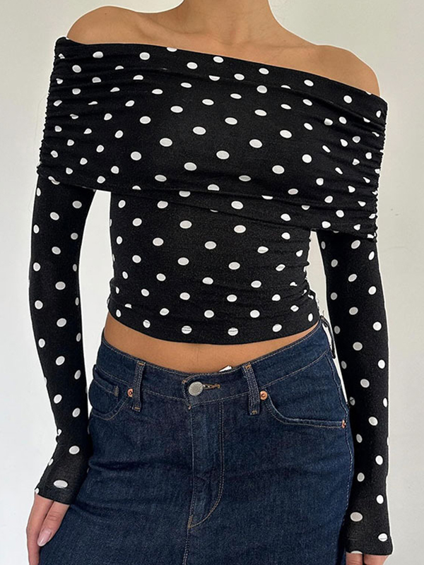 Langarm-T-Shirt mit One-Shoulder-Polka-Dot-Muster-1