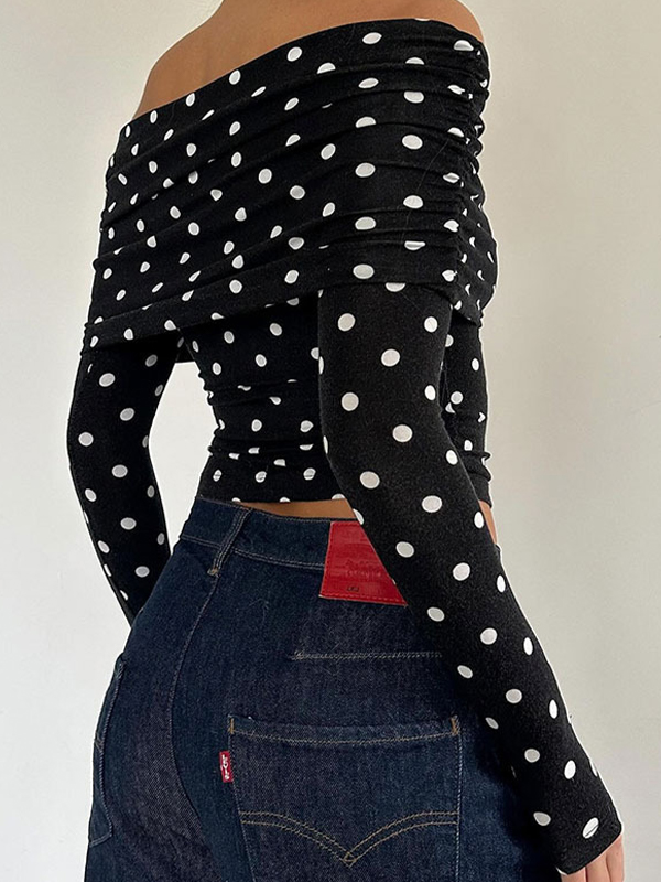 Langarm-T-Shirt mit One-Shoulder-Polka-Dot-Muster-3