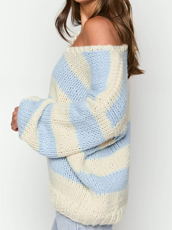Schulterfreie, übergroße Pullover mit Streifenmuster-1