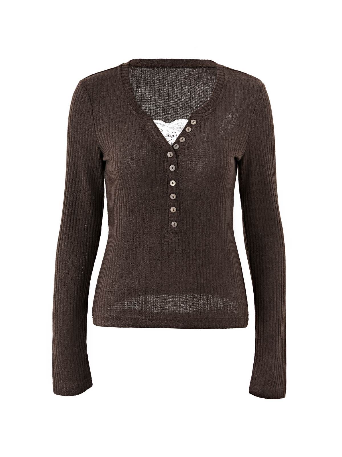 Langärmliges Stricktop mit Spitzeneinsatz und Knöpfen-3