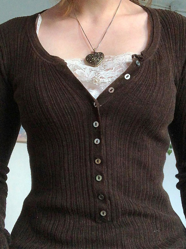 Langärmliges Stricktop mit Spitzeneinsatz und Knöpfen-2
