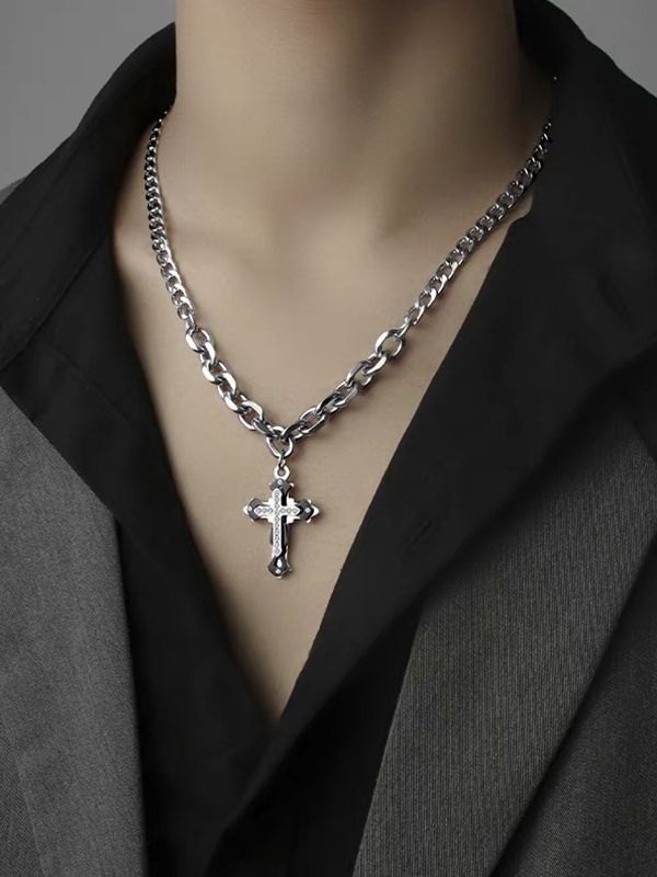 Herren Strass Kreuz Anhänger Kette Halskette-6