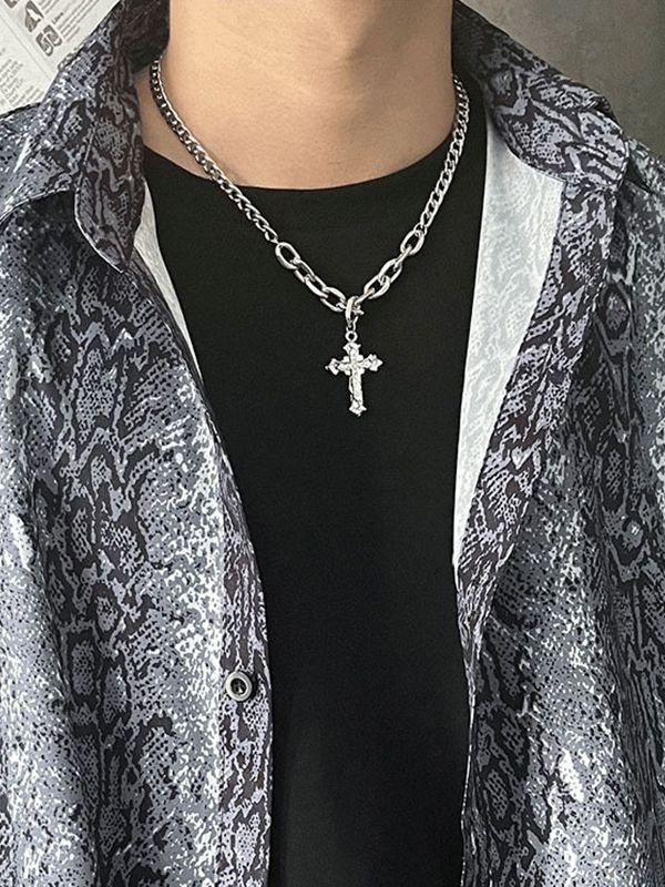 Herren Strass Kreuz Anhänger Kette Halskette-4