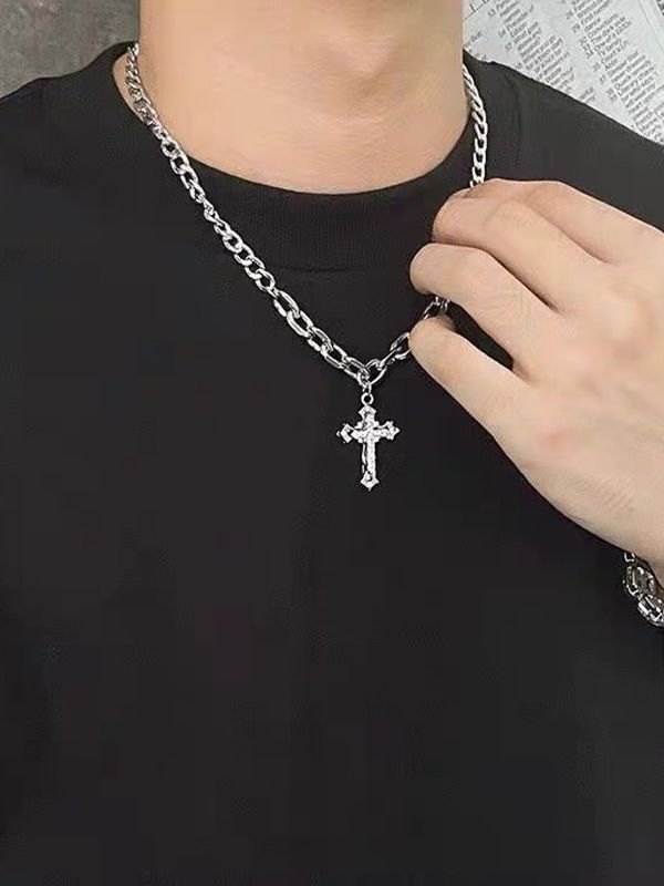 Herren Strass Kreuz Anhänger Kette Halskette-3