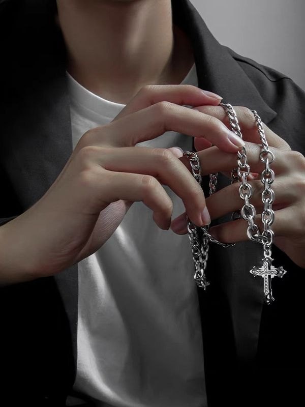 Herren Strass Kreuz Anhänger Kette Halskette-5