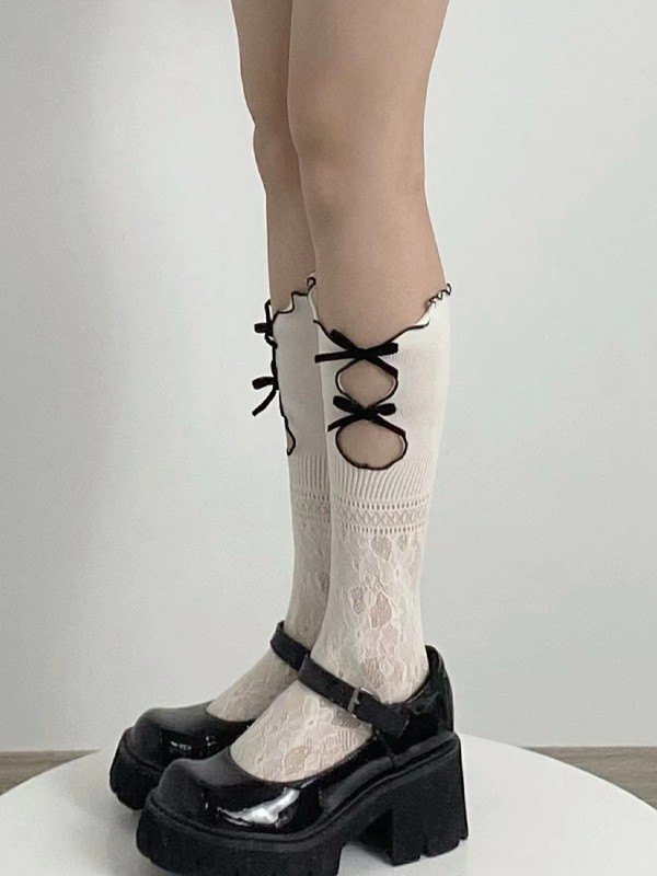 Bow Decor Ausschnitt Spitzensocken-2
