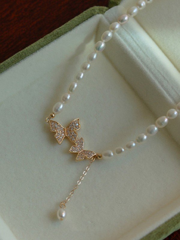 Strass-Schmetterlings-Faux-Perlen-Halskette-3