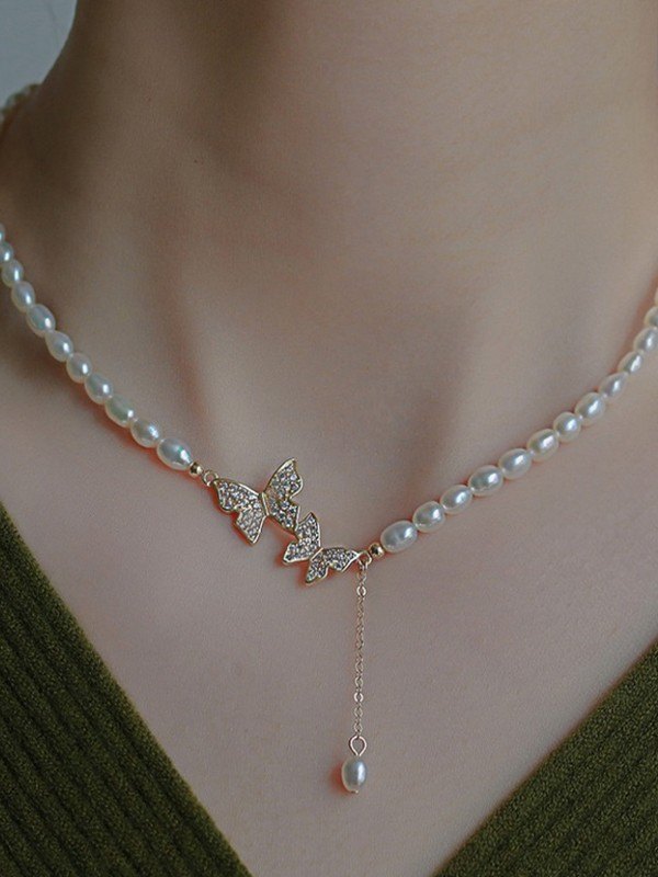 Strass-Schmetterlings-Faux-Perlen-Halskette-2