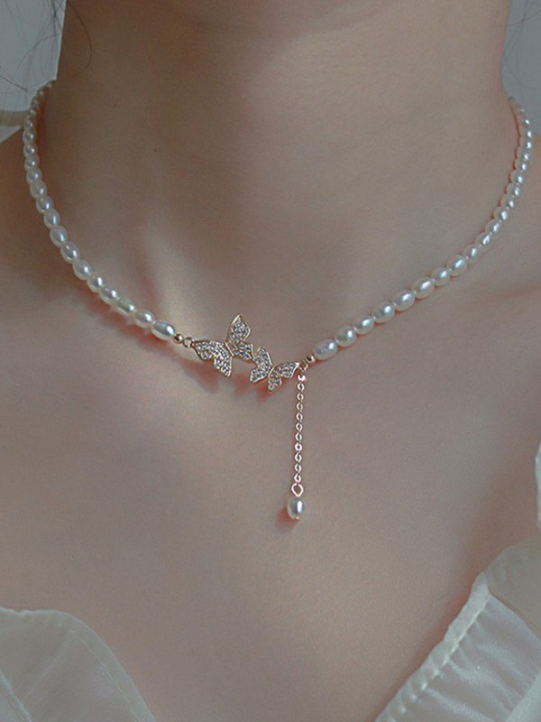 Strass-Schmetterlings-Faux-Perlen-Halskette-1