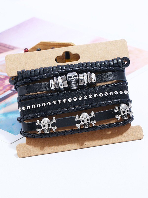 4pcs Schädel-Pu-Leder-Armband-Set-3