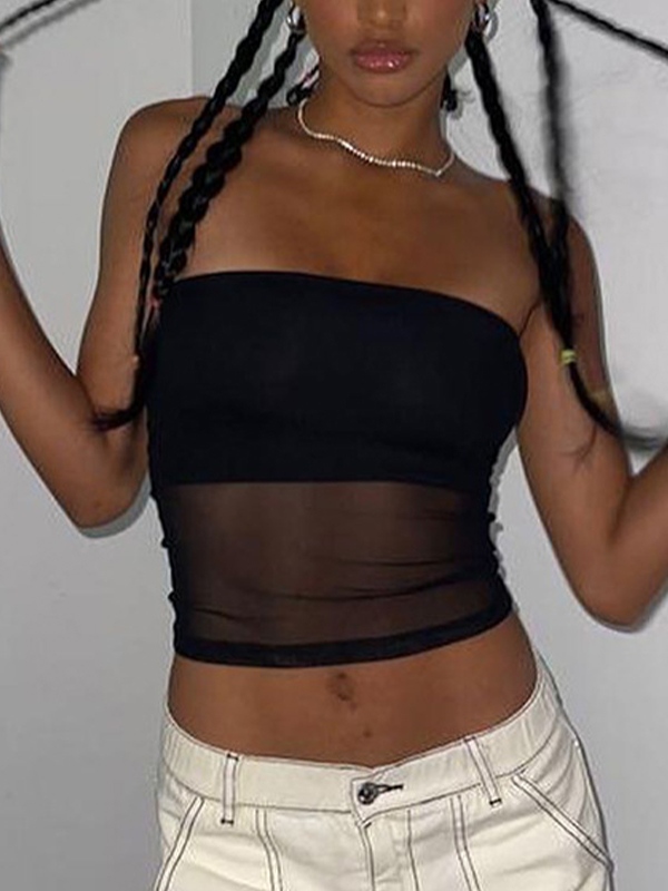Schwarz getäfeltes Bandeau-Oberteil aus Mesh-1