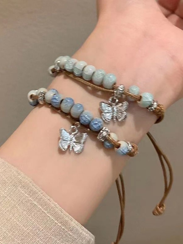 Vintage Schmetterling Keramik Perlen geflochtenes Armband-2