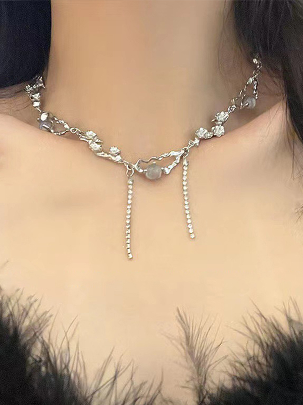 Silberne Perlen-Strass-Halskette-3