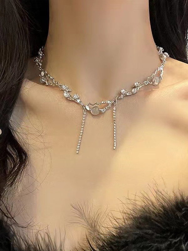 Silberne Perlen-Strass-Halskette-2